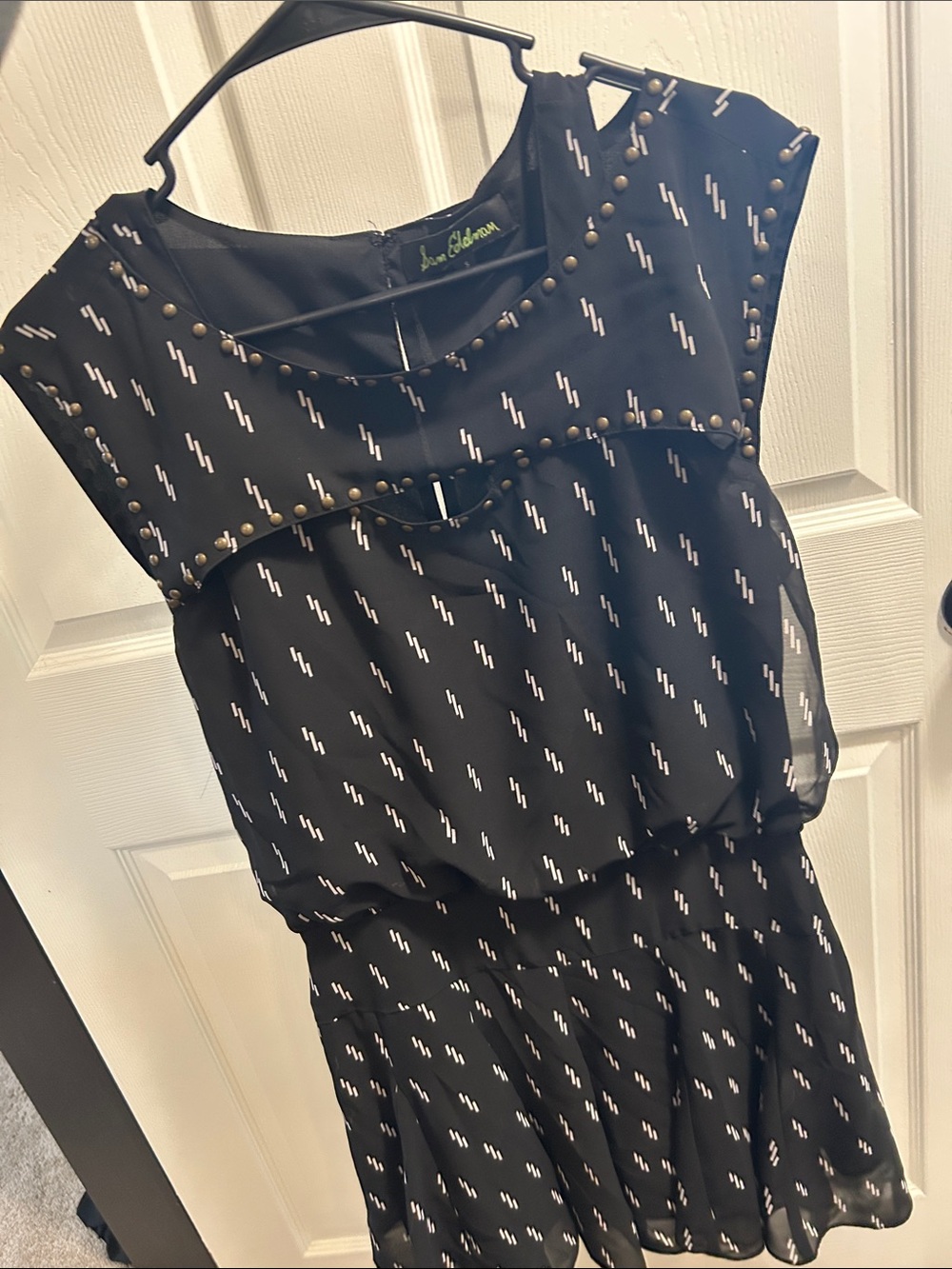 Sam Edelman Black Mini Dress with White Dash Print and Stud Trim